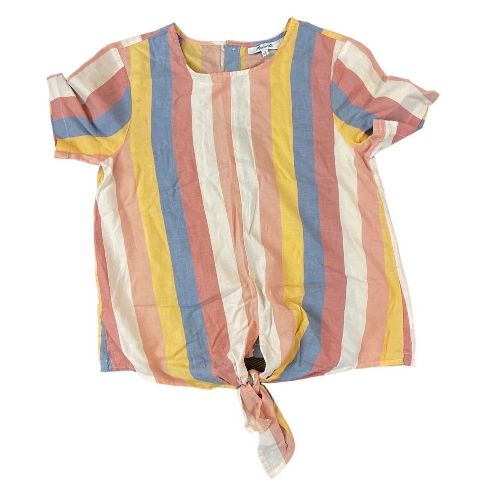 Madewell Vertical Stripe Multicolor Tie Front Short Sleeved Blouse Top Sz XS